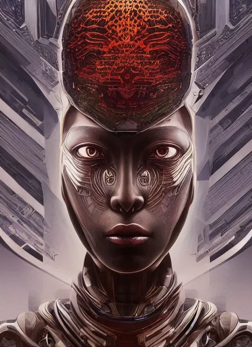 Image similar to beautiful portrait of an alien cyborg, style of Feng Zhu, Artstation geometric, aesthetic, big eyes, smooth skin, angelic, unique features, symmetrical, intricate crown, high fashion, streetwear, cyberpunk, detailed, octane render, cinematic, 8k, brown skin, retro sci fi film, Stanisław Szukalski + Moebius,