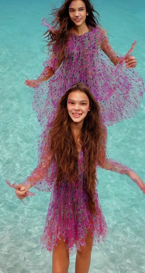 Image similar to Olivia Rodrigo wearing a jellyfish dress, Professional Model, Fashion Advertising Campaign