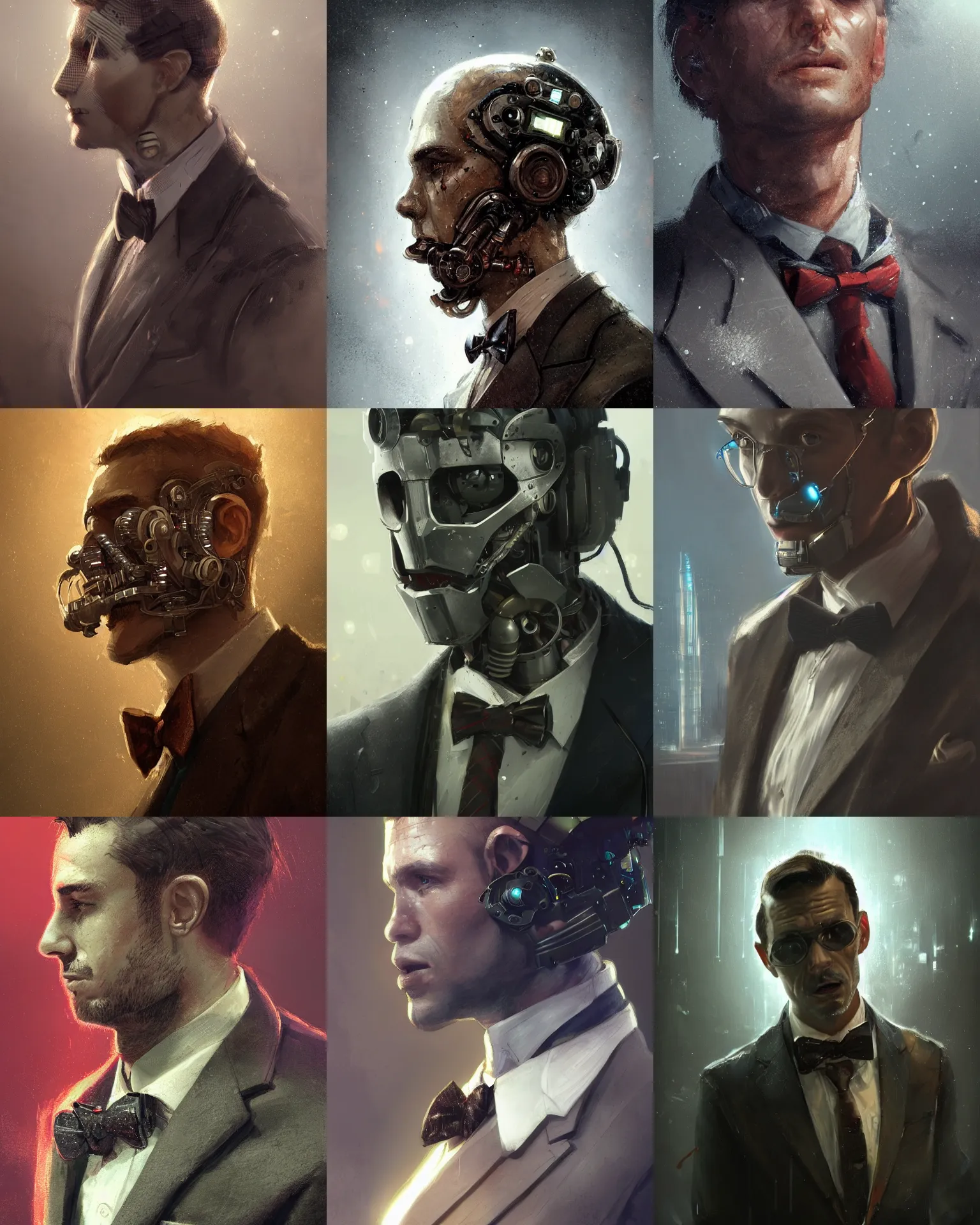 Image similar to a rugged young engineer man with cybernetic enhancements wearing a suit and bowtie, detailed face, scifi character portrait by greg rutkowski, esuthio, craig mullins, 1 / 4 headshot, cinematic lighting, dystopian scifi gear, gloomy, profile picture, mechanical, half robot, implants, steampunk