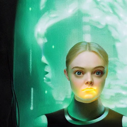 Prompt: Elle Fanning hacking a glowing green computer in the style of Paola Vetri, head and shoulders portrait, stormy weather, extremely detailed masterpiece, oil on canvas, low-key neon lighting, artstation, Blade Runner 2049, Roger Deakin’s cinematography, by J. C. Leyendecker and Peter Paul Rubens and Edward Hopper and Michael Sowa,