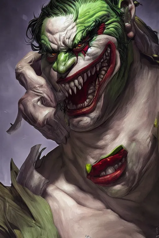 Image similar to portrait of joker as a hulking herculean demon orc bugbear clown, forest, godlike, upper body, fantasy, intricate, elegant, highly detailed, digital painting, artstation, concept art, sharp focus, illustration, art by artgerm and greg rutkowski and alphonse mucha