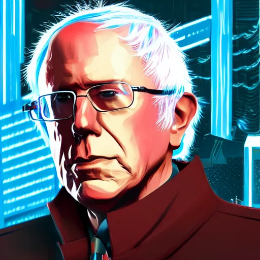 Image similar to cyberpunk bernie sanders as the leader of a futuristic communist nation, cybernetics, sharp lines, digital, artstation, colored in