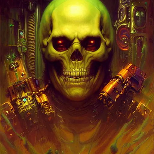 Image similar to portrait of skeletor. shadowrun cyberpunk fantasy highly detailed painting by gaston bussiere craig mullins jc leyendecker gustav klimt artgerm greg rutkowski john berkey, bergey, craig mullins, ruan jia, raymond swanland, jeremy mann, tom lovell, alex malveda