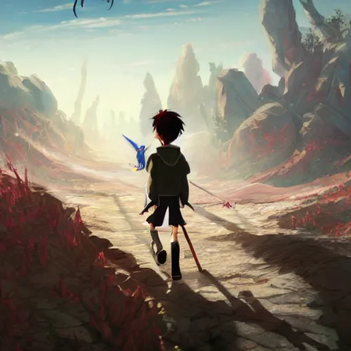 Image similar to a young anime Pinocchio and mutated jiminy cricket walk through an apocolyptic wasteland , made by Stanley Artgerm Lau, WLOP, Rossdraws, ArtStation, CGSociety, concept art, cgsociety, octane render, trending on artstation, artstationHD, artstationHQ, unreal engine, 4k, 8k,