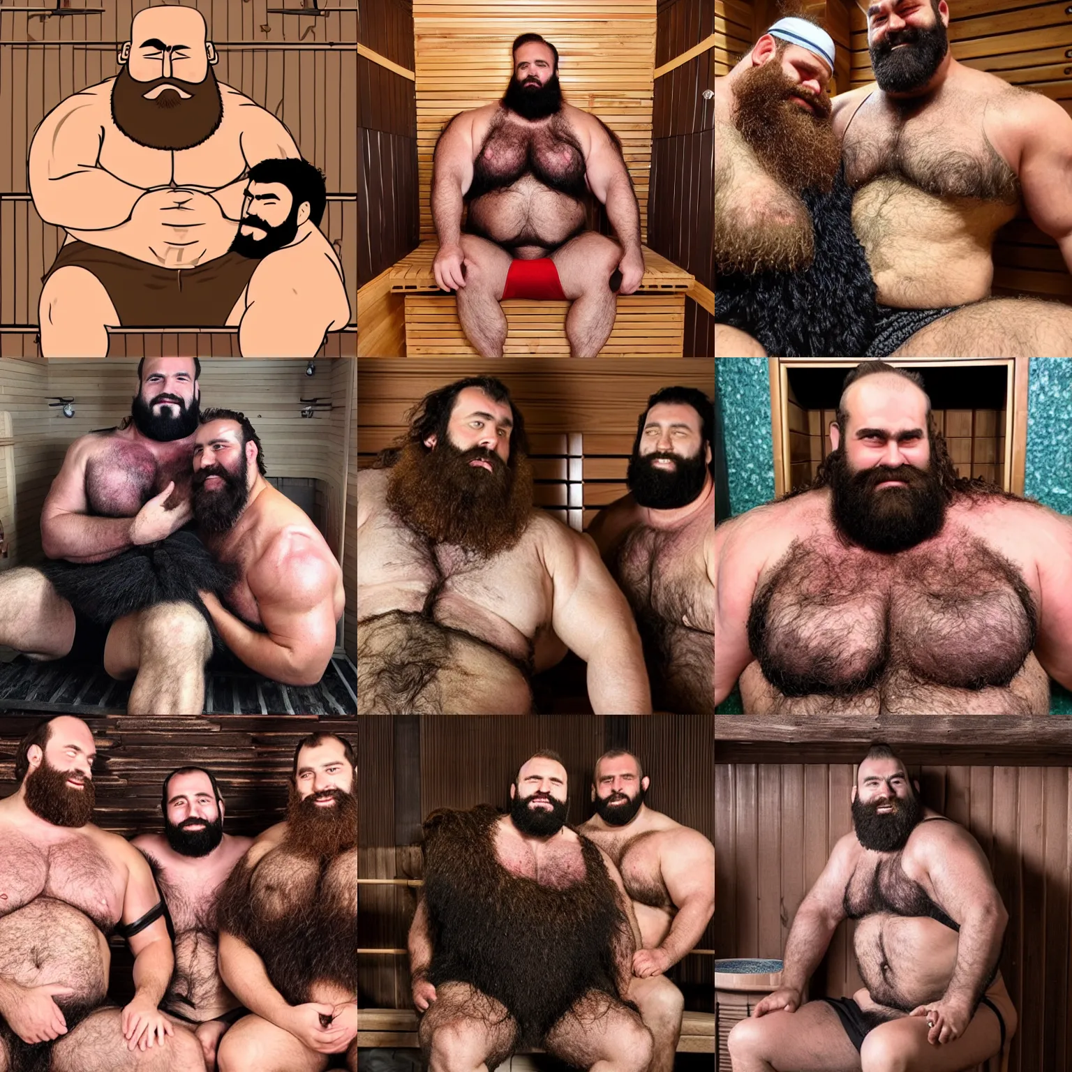 Prompt: bug burly hairy strongmen with thick beards and thick body hair and long hair sitting in a sauna and cuddling