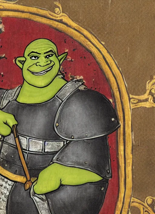 Prompt: medival scroll painting of a Shrek in armour from Shrek the movie, fine detail,