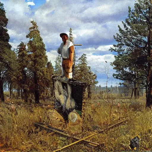 Prompt: Gary Gygax in earflaps stands in the middle of the field, Rye (Shishkin), painting by Ivan Shishkin, painting by Ivan Shishkin, painting by Valentin Serov, oil painting