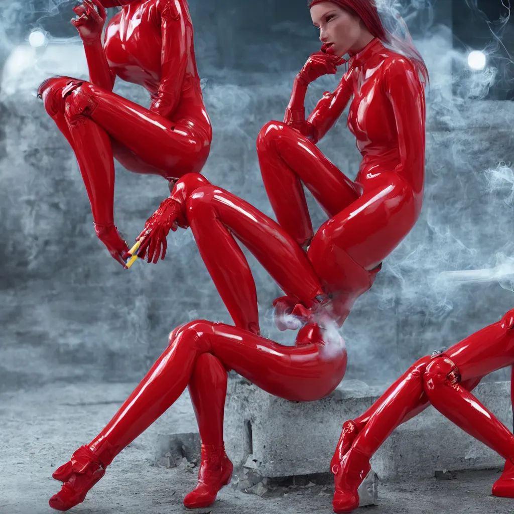 Image similar to a beautiful female cyborg is wearing red latex jumpsuit, sitting down smoking a cigarette, as her mechanical body is slowly shutting down. hyper realistic, octane render, 8 k resolution