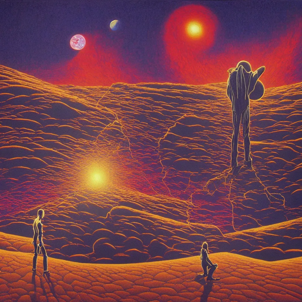 Image similar to high detailed lone person looking to its dying planet on a progressive rock 70s 80s album cover style by Barry Godber, psychedelic, oil paint on canvas, moebius, incal, realistic art, evangelion third impact inspired, Eliran Kantor, sand and desert environment, Eloy band, cinematic, unreal engine, high quality, eerily beautiful, cgsociety, 4K, UHD, Zdzisław Beksiński, by George Caleb Bingham and Donato Giancola and Bob Eggleton, trending on ArtStation, dune, pulp magazines cover art