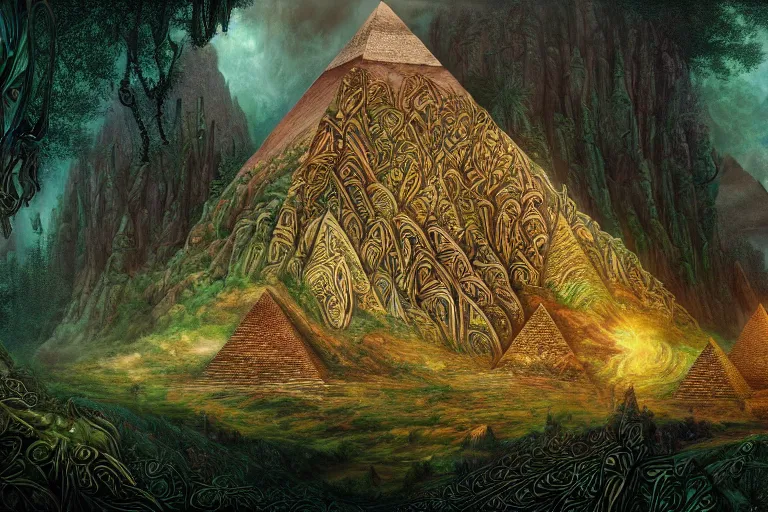 Prompt: a beautiful and highly detailed digital painting of an elven pyramid made of stone in a mystical forest, psychedelic patterns, celtic designs, intricate details, epic scale, hyperdetailed, hyperrealism, artstation, cgsociety, 8 k, sharp focus, by caspar friedrich, james gurney, zeen chin, brian froud,