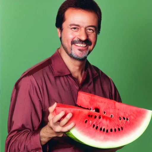 Image similar to recep tayyip smiling holding watermelon for a 1 9 9 0 s sitcom tv show, studio photograph, portrait c 1 2. 0