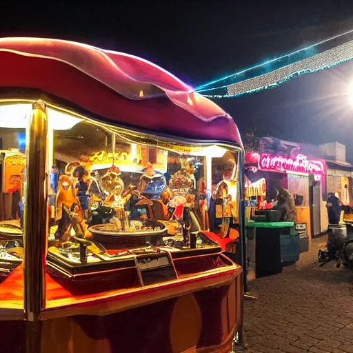 Prompt: restaurant festival in a small town, in the style of python anghelo, the comet, cyclone, pinball machine