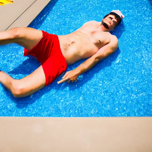 Prompt: lifeguard sleeping on the ground next to a pool, photography, 4 k, dim lighting