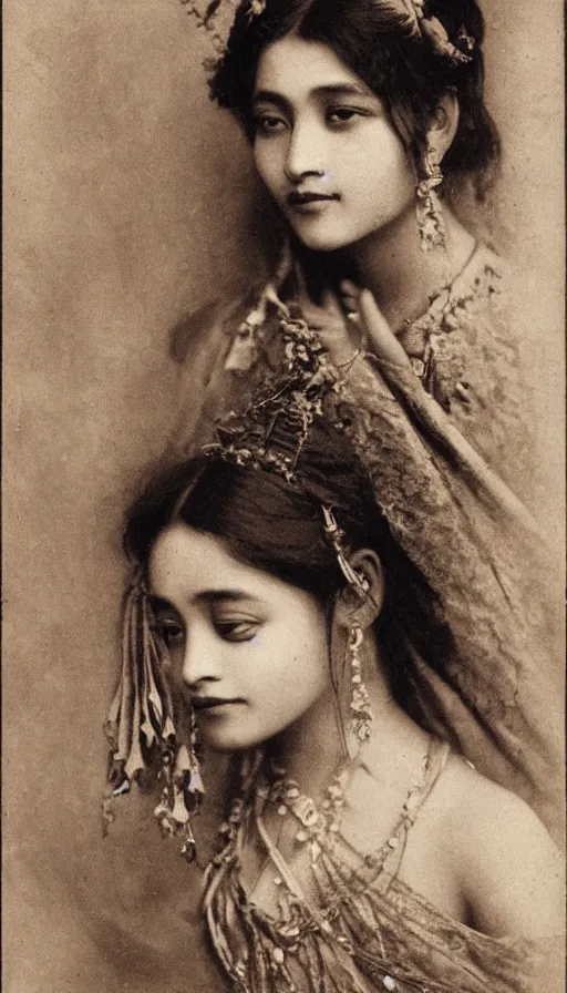 Image similar to vintage portrait photo of a beautiful beautifully lit nepalese Victorian woman by alphonse mucha