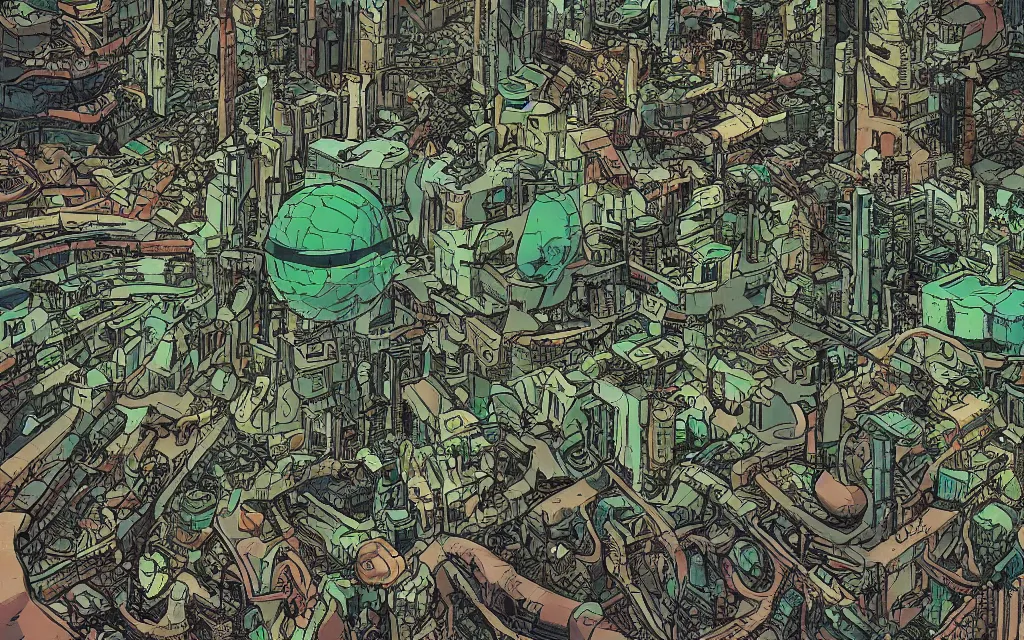 Prompt: very detailed, prophet graphic novel, ilya kuvshinov, mcbess, rutkowski, simon roy, illustration of a dense green alien megacity on a desert planet, alien architecture, seen from above, colorful, deep shadows, astrophotography