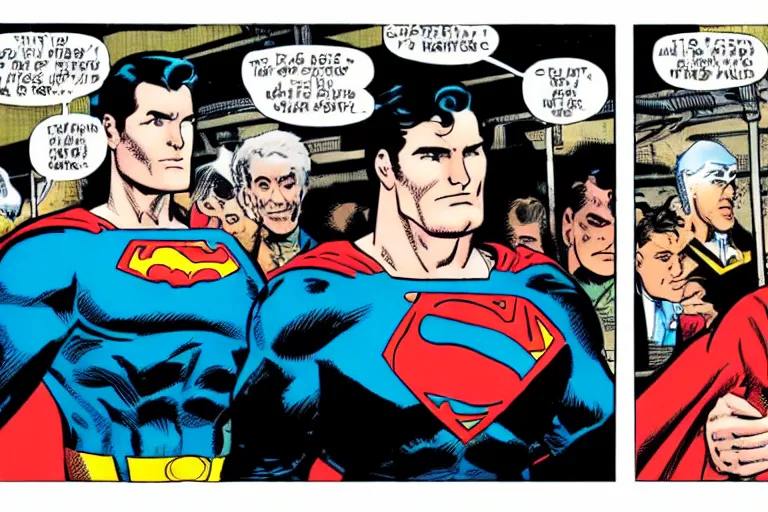 Image similar to Superman and Batman sitting in a train talking about the new marvel movie, as a panel of a Marvel comic