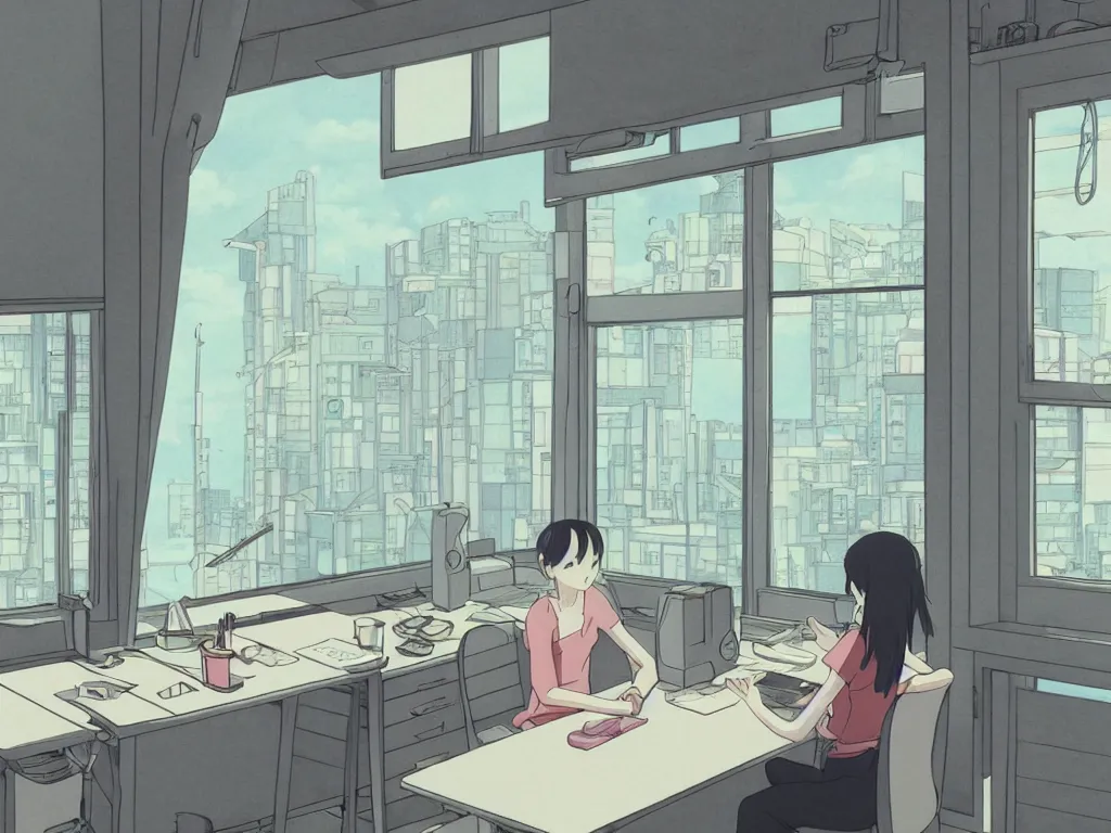 Image similar to beautiful drawing of a single female in her studio apartment sitting at her computer desk which is in front of a window which looks out to a futuristic city, japan, anime manga style, illustration, in the style of ghibli and hayao miyazaki and satoshi kon and shinichiro watanabe and sui ishida and makoto shinkai