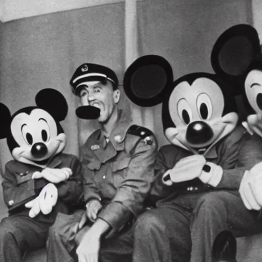 Image similar to Mickey Mouse WW2 photograph in a military meeting, Germans, dictator