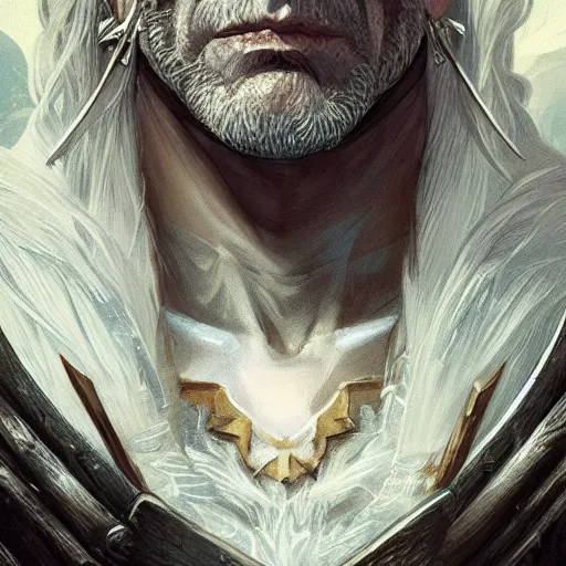 Prompt: closeup of Geralt of Rivia, D&D, fantasy, intricate, elegant, highly detailed, digital painting, artstation, concept art, matte, sharp focus, illustration, hearthstone, art by Artgerm and Greg Rutkowski and Alphonse Mucha