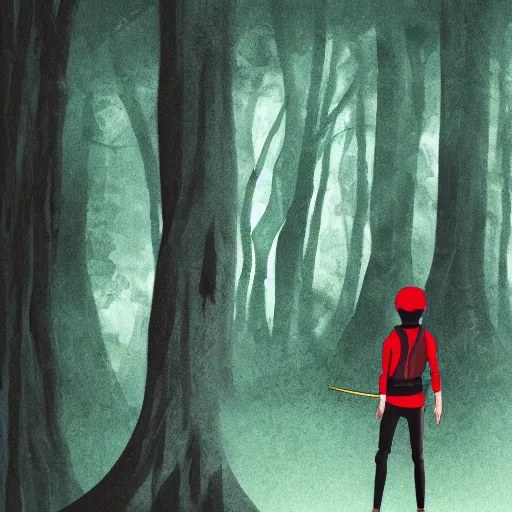 Prompt: a close shot of a ninja standing in a forest by studio ghibli, detailed, gloomy, digital art,