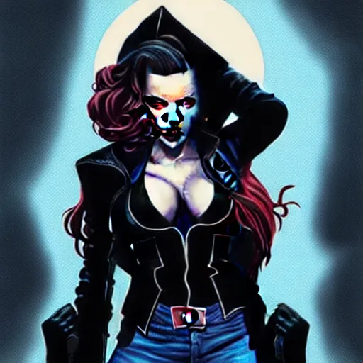 Image similar to rafael albuquerque comic art, peter mohrbacher, steve niles, artgerm, pretty scarlett johansson vampire sharp vampire teeth open mouth, symmetrical eyes, black leather jacket, jeans, long blonde hair