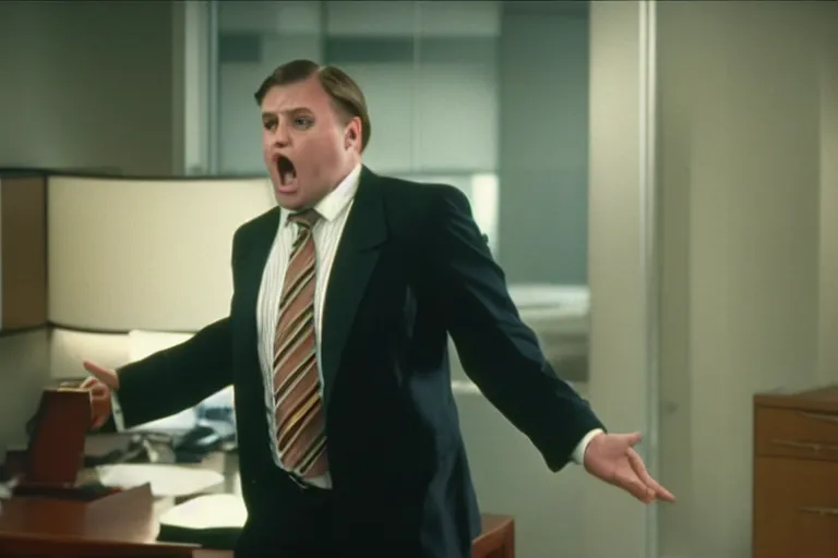 Image similar to cinematic still of portly clean-shaven white man wearing suit and necktie shouting at two other men his office in 1994 film, XF IQ4, f/1.4, ISO 200, 1/160s, 8K, RAW, dramatic lighting, symmetrical balance, in-frame