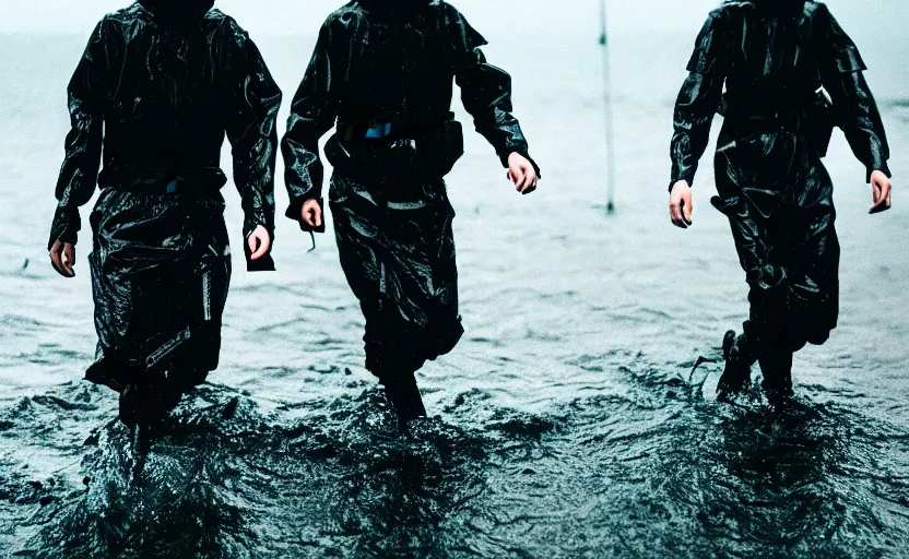 Image similar to cinestill 5 0 d candid photographic portrait by helen levitt of two european male androids wearing rugged black mesh techwear in treacherous waters, extreme closeup, modern cyberpunk moody depressing cinematic, pouring rain, 8 k, hd, high resolution, 3 5 mm, f / 3 2, ultra realistic faces, ex machina