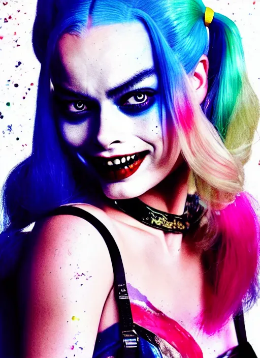 Image similar to 2 8 mm side portrait of beautiful suicide squad happy margot robbie with long white hair that looks like harley quinn, gotham city double exposure, angry frown, glamour pose, watercolor, frank miller, annie leibowitz