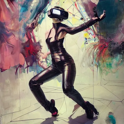 Image similar to grinning woman in a vr headset wearing leather outfit, dynamic energic pose, cyberpunk in the style of adrian ghenie, esao andrews, jenny saville, surrealism, dark art by james jean, takato yamamoto