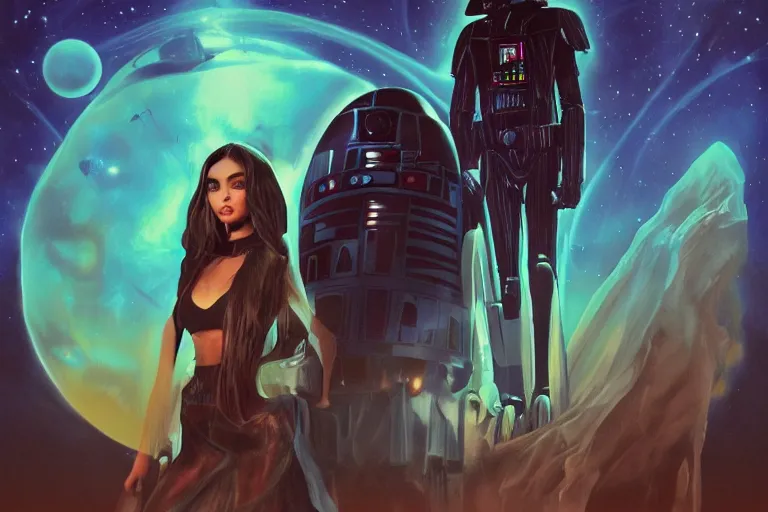 Prompt: madison beer, star wars by ciruelo cabral and john picacio, trending on artstation, bioluminescence aerial view gothic, movie poster, vibrant colors, infrared, street art