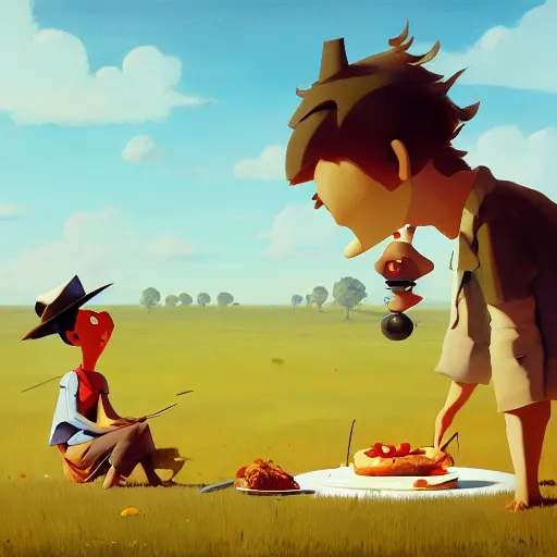 Prompt: goro fujita ilustration people eating in the field, characterized by francisco de goya, character art, sharp focus, highly detailed, artstation