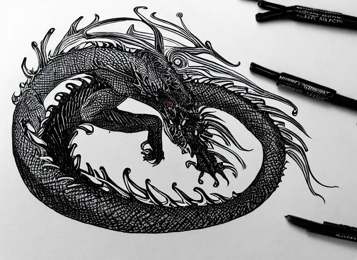 Prompt: black micron pen illustration, dragon steam punk, clean lines, really clear, crisp detail, fine pen, artstation, Olivia Kemp, julia Hill