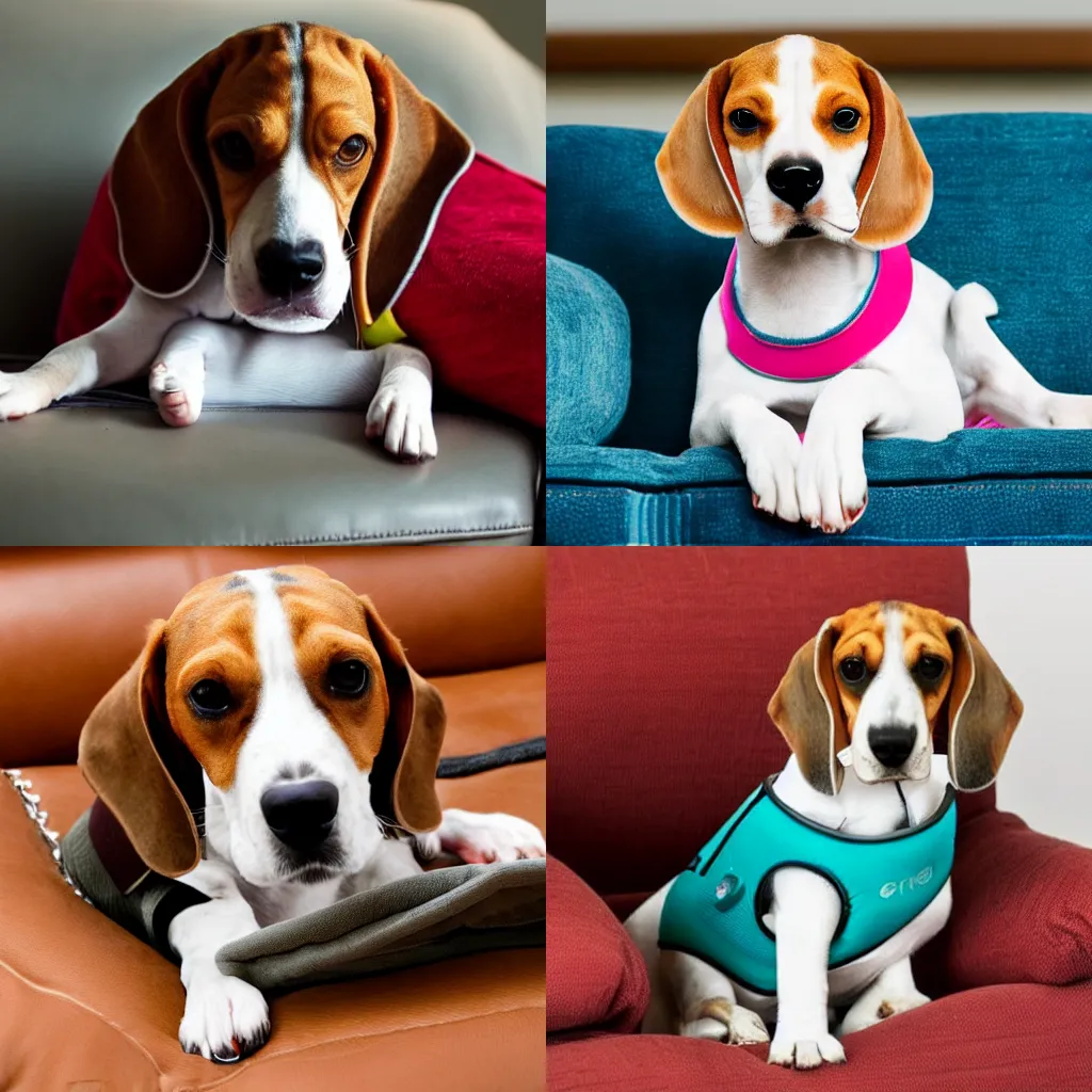 Prompt: A beagle with a cooling vest chilling in the sofa on a Sunday morning