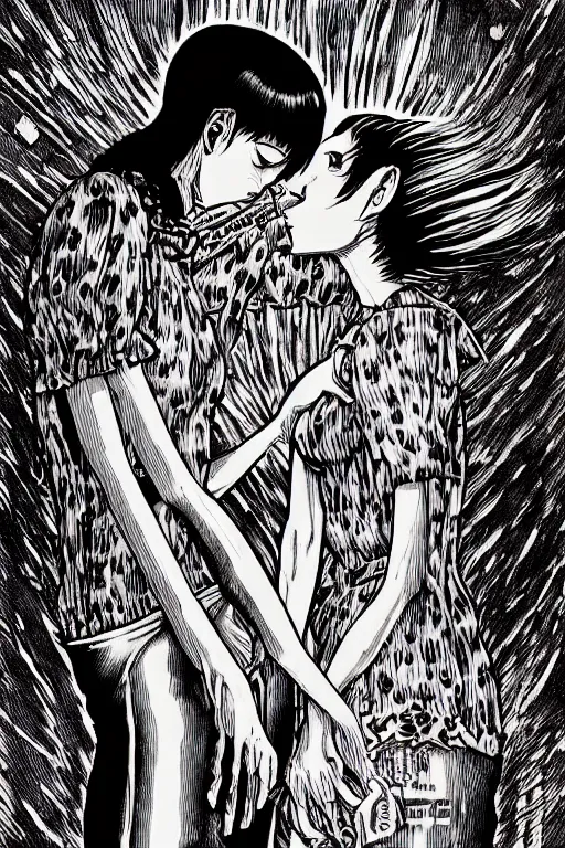 Prompt: two monstrous women creatures kissing each other by Junji Ito, horror manga art, key visual