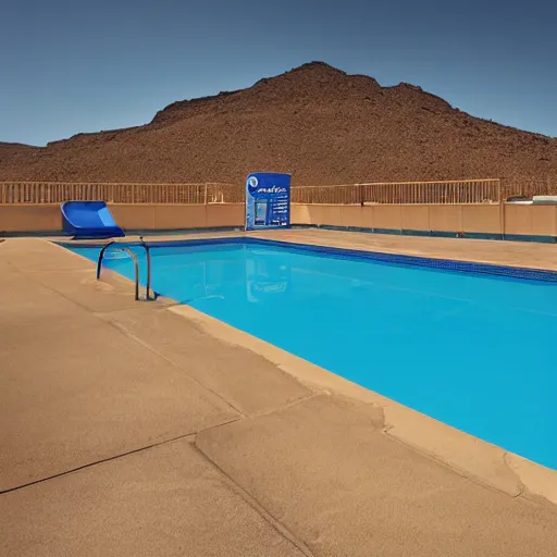 Prompt: the outdoor pool and sign at a lonely desert motel, citypop, photoreal