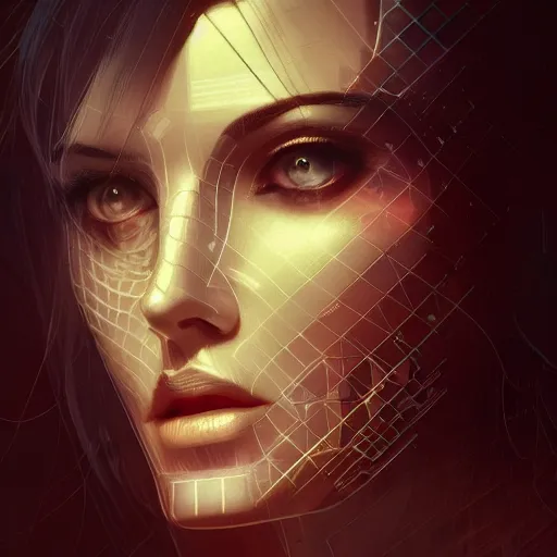 Image similar to portrait of a cyberpunk art deco girl with a grid of light falling on her face, sci-fi, intricate lighting, elegant noir, highly detailed, digital painting, studio portrait, artstation, smooth, sharp focus, illustration, art by artgerm and greg rutkowski and Charlie Bowater