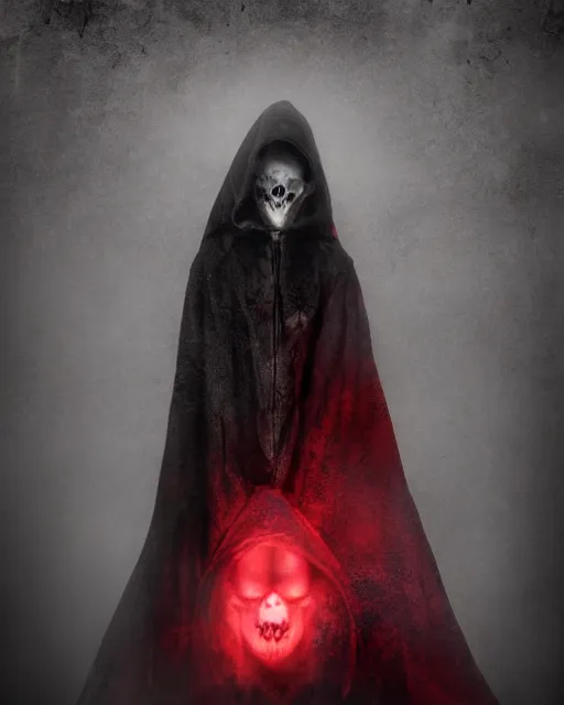 Image similar to rat - skull sisters ghost - spirit of the grim - darkly shrouded cloak with glowing red eyes peering through tattered hood, midnight fog - mist!, cinematic lighting, various refining methods, micro macro autofocus, ultra definition, award winning photo, photograph by ghostwave - gammell - giger - shadowlord