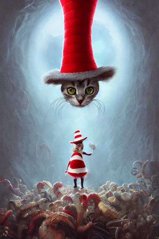 Prompt: complex 3 d render, hyper detailed, ultra sharp, of the cat in the hat, scary, cinematic, natural soft light, rim light, art by greg rutkowski and artgerm and alphone mucha, dr seuss