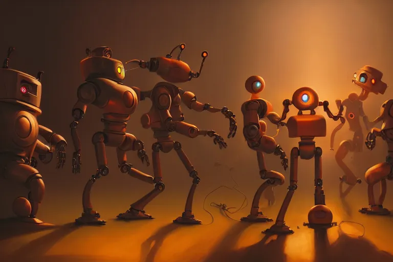 Image similar to robots dancing by otto dix and greg rutkowski and andreas rocha, cinematic lighting, warm colours, ultra realistic, unreal engine, trending on artstation, 4 k