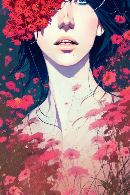 Image similar to a ultradetailed beautiful panting of a stylish woman surrounded by flowers, by conrad roset, greg rutkowski and makoto shinkai, trending on artstation