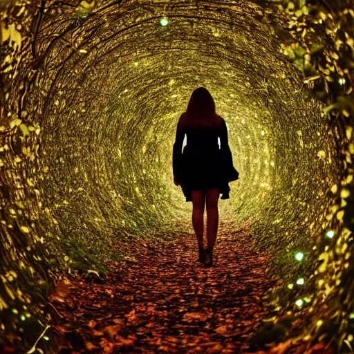 Image similar to tunnel of leaves, moody atmosphere, late summer, hazy, glowing lights, spiral, lost woman, dreamy