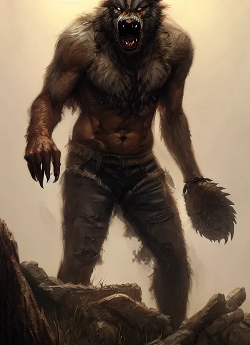 Image similar to rugged werewolf, dnd, fantasy oil _ painting _ unreal _ 5 _ daz. _ rpg _ extremely _ detailed _ artgerm _ greg rutkowski