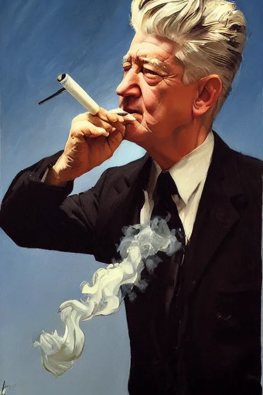 Prompt: david lynch smoking cigarette, billowing smoke, painting by jc leyendecker!! phil hale!, angular, brush strokes, painterly, vintage, crisp
