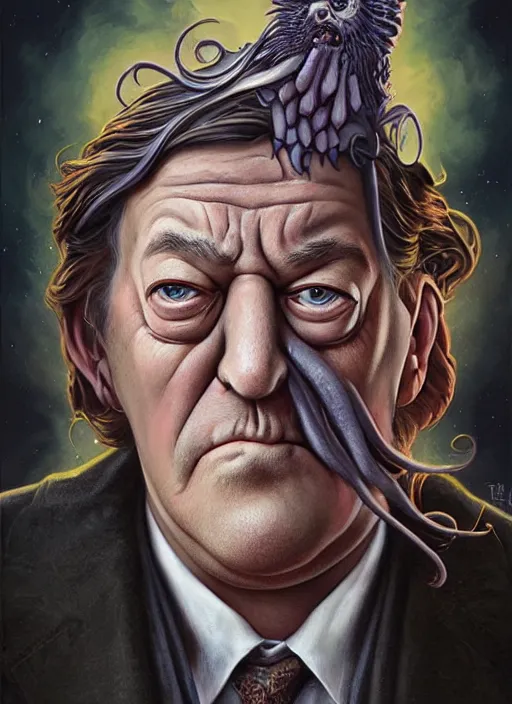 Image similar to lovecraftian portrait of grumpy stephen fry, pixar style, by tristan eaton stanley artgerm and tom bagshaw