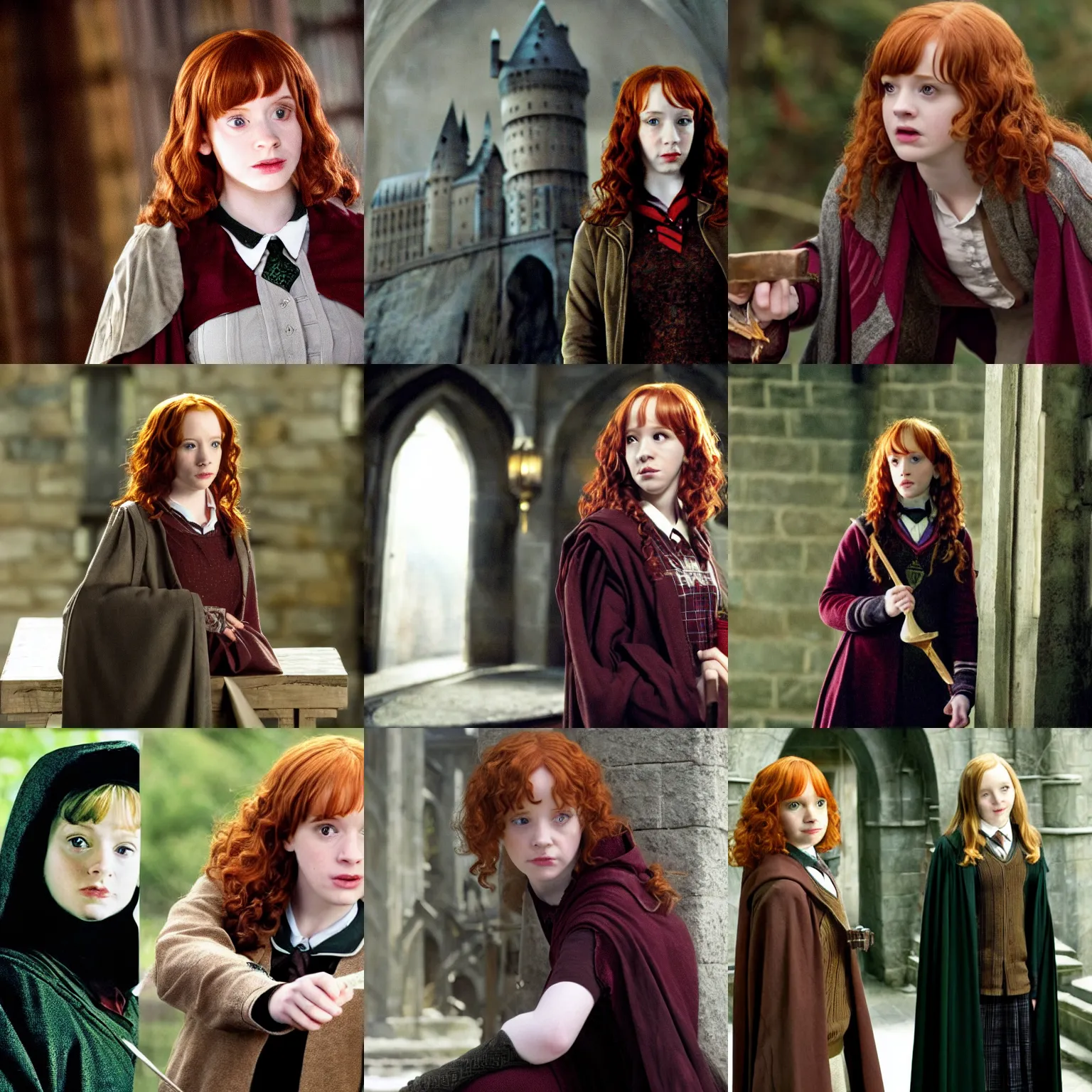 Prompt: female hogwarts student played by young christina hendricks, movie still harry potter and the deathly hallows by david yates