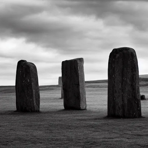 Image similar to a robed human figure stands among the neolithic standing stones of stenness, black and white, grainy, snow, brooding clouds, matte painting, concept art, 4k -W 1280