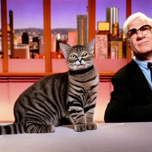 Prompt: Wide angle Cinematography Toonces, The Cat Who Could Drive A Car, with comedian Steve Martin as a Passenger shot on a 9.8mm wide angle lens on the soundstage of Saturday Night Live located inside 30 Rockefeller plaza