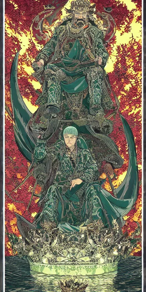 Prompt: a lone emperor sitting on a emerald throne floating on water in the middle of a lake drawn by Makoto Yukimura in the style of Vinland saga anime, full color, detailed, psychedelic, Authority, structure, a father figure, tarot card, The emperor tarot card