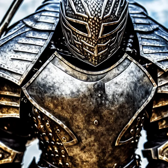 Image similar to photo of a warrior with metal lizard themed armour, highly detailed, 4 k, hdr, smooth, sharp focus, high resolution, award - winning photo