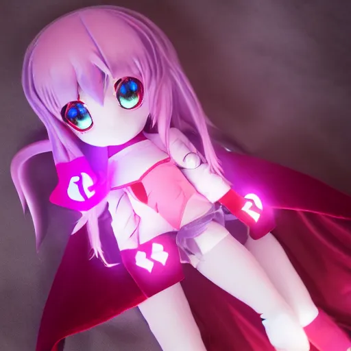 Prompt: cute fumo plush of a superheroine girl, magical girl, gothic maiden anime girl, glowing writing, velvet, vray